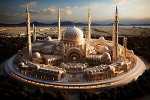 Awesome buildings of mosque in ramadan vibes. Ramadan kareem eid mubarak islamic mosque concept by photo