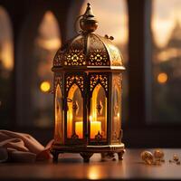 Eid mubarak and ramadan kareem greetings with islamic lantern and mosque. Eid al fitr background. Eid al fitr background of window concept by AI Generated photo