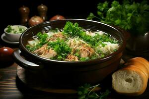 A delicious chicken soup food with vegetables in a bowl. Winter food and high protein soup meal concept by AI Generated photo