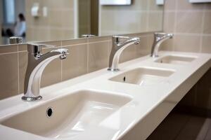 Modern public bathroom with row of white ceramic wash sink basins and faucet with mirror in restroom concept by photo