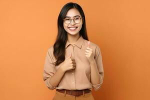 Beautiful asian woman in casual with smile cheerful. Studio shot asian woman standing hand gesture concept by AI Generated photo