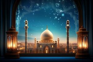 Eid mubarak and ramadan kareem greetings with islamic lantern and mosque. Eid al fitr background. Eid al fitr background of window concept by AI Generated photo