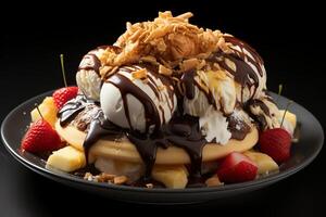 A delicious Banana split ice cream dessert with chocolate syrup. Banana split ice cream dessert by AI Generated photo