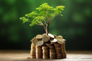 negocio crecimiento con un creciente árbol en un moneda. demostración financiero desarrollos financiero planificación concepto por ai generado foto