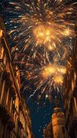 Beautiful firework show with cityscape at night for celebration happy new year. Firework display concept by photo