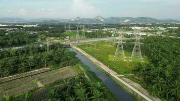 An aerial view of a highway and power lines video