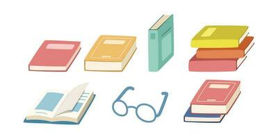 Set of books and textbooks flat vector illustration. Simple multicolor book clipart cartoon style, hand drawn doodle. Teacher, students, classroom, school supplies, back to school concept