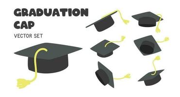 Graduation cap clipart vector set. Set of graduation caps with different angles flat vector illustration cartoon style clip art hand drawn. Students, graduation celebration caps throwing up concept