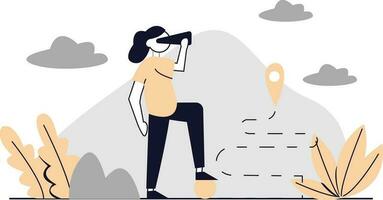 Woman looking through binoculars at mountain. Vector illustration in flat style