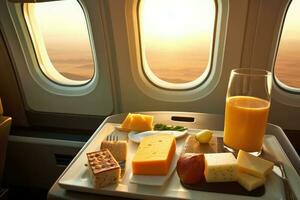 Airplane Meal with Various Cheeses, Fruits, and a Mimosa photo