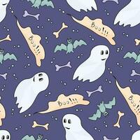 Colorful seamless pattern with hand drawn doodle cute Halloween characters - friendly ghost, bat, speech bubble with Boo lettering and dots vector