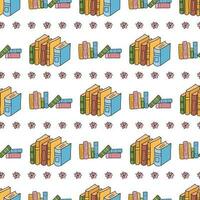 Colorful seamless pattern with hand drawn doodle elements- stacks and rows of cute books and flowers on white background vector