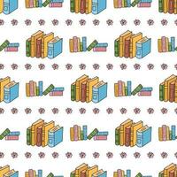 Colorful seamless pattern with hand drawn doodle elements- stacks and rows of cute books and flowers on white background vector