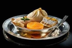 A Silver Platter with an assortment of Fruit and Pastries photo