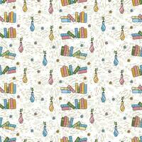 Colorful seamless pattern with hand drawn doodle elements - rows of cute books, flower vases, cozy textures and flowers on white background vector