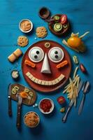 creativo y divertido comida monitor con un cara hecho de comida foto