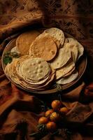 plato de delicioso maíz tortillas y un maduro naranja foto