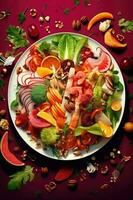 sano y vistoso Fruta y vegetal plato foto