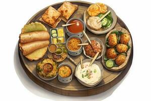 A platter with a variety of foods, including bread, dipping sauce, and possibly vegetables and potatoes. photo