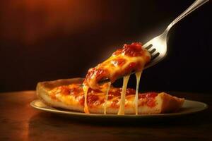 A delicious slice of cheese pizza on a fork photo