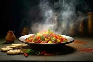 Steaming bowl of colorful mixed vegetables photo