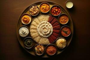 Rice Tray with Various Indian Condiments and Sides photo