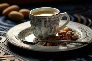 Steaming Cup of Tea or Coffee with Nuts, Nutty Oatmeal, and a Scone, served on fine china - A Delicious and Warming Snack photo