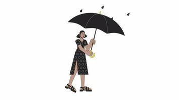 Afrikaanse Amerikaans dame schuilplaats onder paraplu lijn 2d karakter animatie. regen verrassing vlak kleur tekenfilm 4k video, alpha kanaal. regen druppels. vrouw alleen straat geanimeerd persoon Aan wit achtergrond video