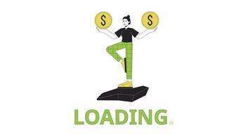 Balancing finances line 2D loading animation. Asian woman with coins balancing on one leg animated cartoon linear character 4K video loading motion graphic. Manage expenses download process gif