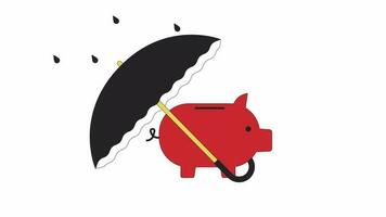 Piggy bank under insurance umbrella line 2D animation. Piggybank security 4K video motion graphic. Financial secure. Retire savings protection linear animated cartoon flat concept, white background