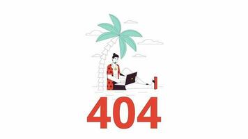 Tropical laptop lifestyle 404 error animation. Travel while working error message gif, motion graphic. Guy with laptop in nature animated cartoon line character 4K video isolated on white background