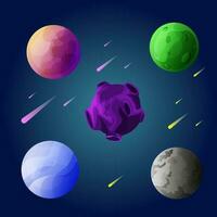 Space planets, asteroid, moon, fantastic world game vector cartoon icons. Color asteroid and planet, illustration fantastic universe with cartoon planets