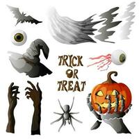 Halloween set vector illustration. Gost , bat , pumpkin, witch hat and spider eye doddle halloween art with isolated background for your design, print, postcard, poster, book decoration.