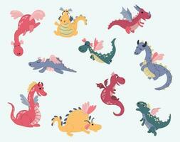 Set of cute hand drawn dragons. White background, isolate. vector