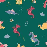 Seamless pattern with cute hand drawn dragons. Design for fabric, textile, wallpaper, packaging. vector