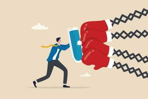 Business threat, fight to survive in business competition, resilience or adversity, challenge or survive to win, courage fighter concept, businessman hold shield to fight with multiple fighter punch. vector