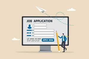 Online job application, career or employment submission form, candidate recruitment, job search or resume and CV document upload concept, businessman hold pencil fill in computer job application form. vector