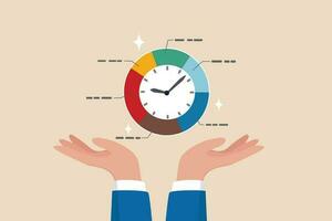 Time management, project plan schedule, deadline or work efficiency, urgency or strategy to finish work in time, productivity or appointment concept, businessman hand holding pie chart with clock. vector