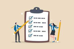 Task checklist, clipboard with to do list checkmark, task management to track work completion, accomplishment, survey or questionnaire concept, business people with pencil and checklist clipboard. vector