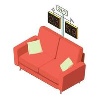 Room interior icon isometric vector. Soft red sofa and large decorative clock vector