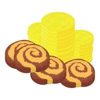 Striped biscuit icon isometric vector. Striped biscuit roll and golden coin icon vector