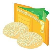 Sesame cookie icon isometric vector. Homemade sesame cookie and opened wallet vector