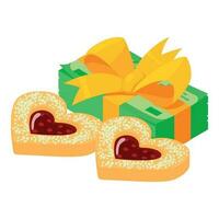 Fruit cookie icon isometric vector. Fruit cookie with jam and dollar bill stack vector