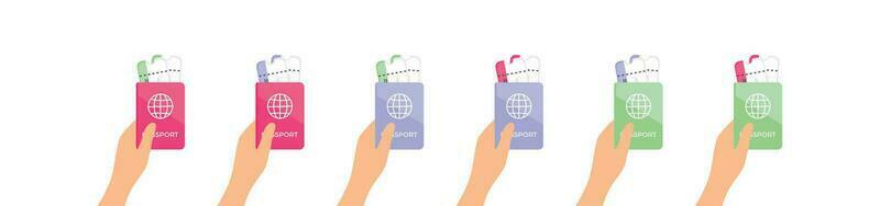 Set of hand holding passport with tickets vector