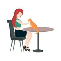 mujer sentado a el mesa caricias un gato vector