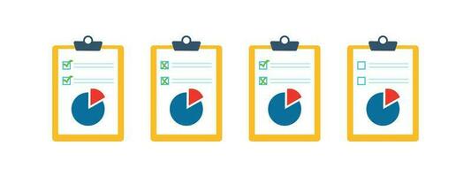 Set of document icons with a pie chart, a graph marked with a green check mark and crosses vector