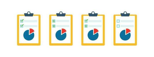 Set of document icons with a pie chart, a graph marked with a green check mark and crosses vector