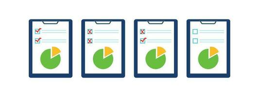 Set of document icons with a pie chart, graph marked with a red check mark and crosses vector