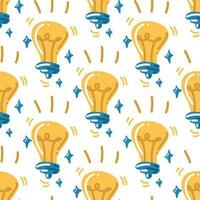 Seamless light bulb pattern as cartoon style ideas on white background. Vector illustration for the school. Back to school. Cute, bright texture for printing in the idea theme
