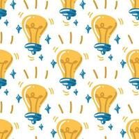 Seamless light bulb pattern as cartoon style ideas on white background. Vector illustration for the school. Back to school. Cute, bright texture for printing in the idea theme